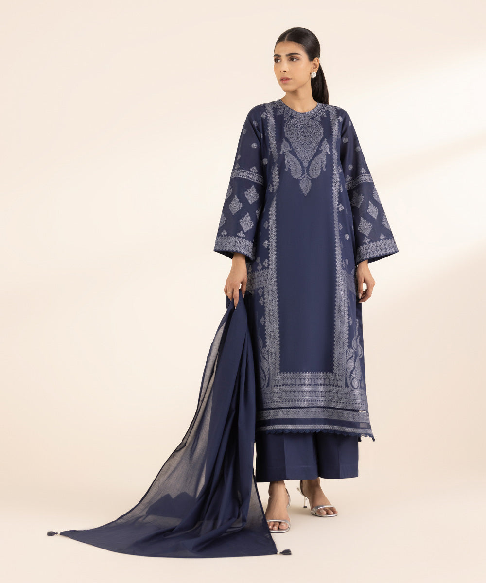 Women's RTW Extra Weft Jacquard Blue Solid A-Line Shirt