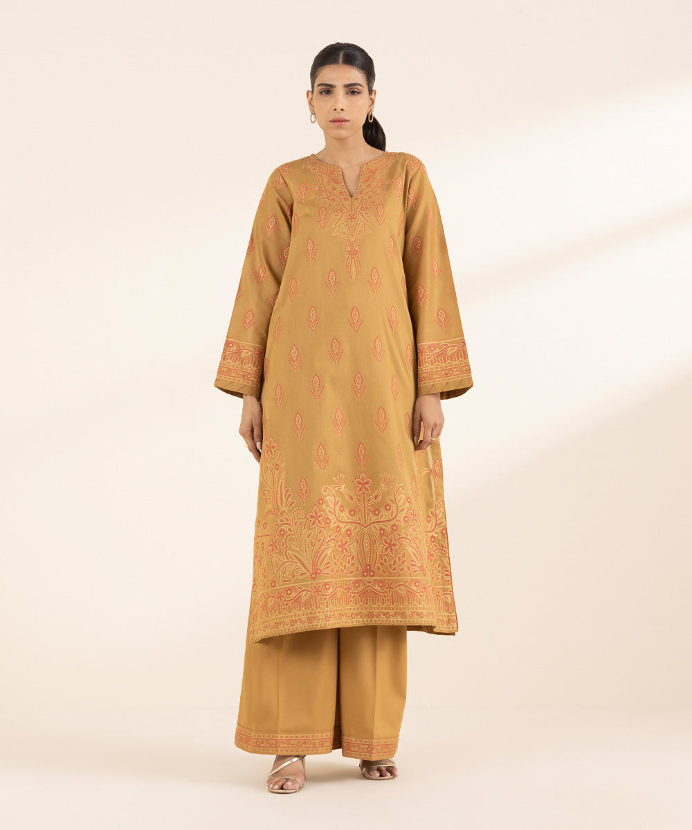 Women's RTW Extra Weft Jacquard Brown Solid A-Line Shirt