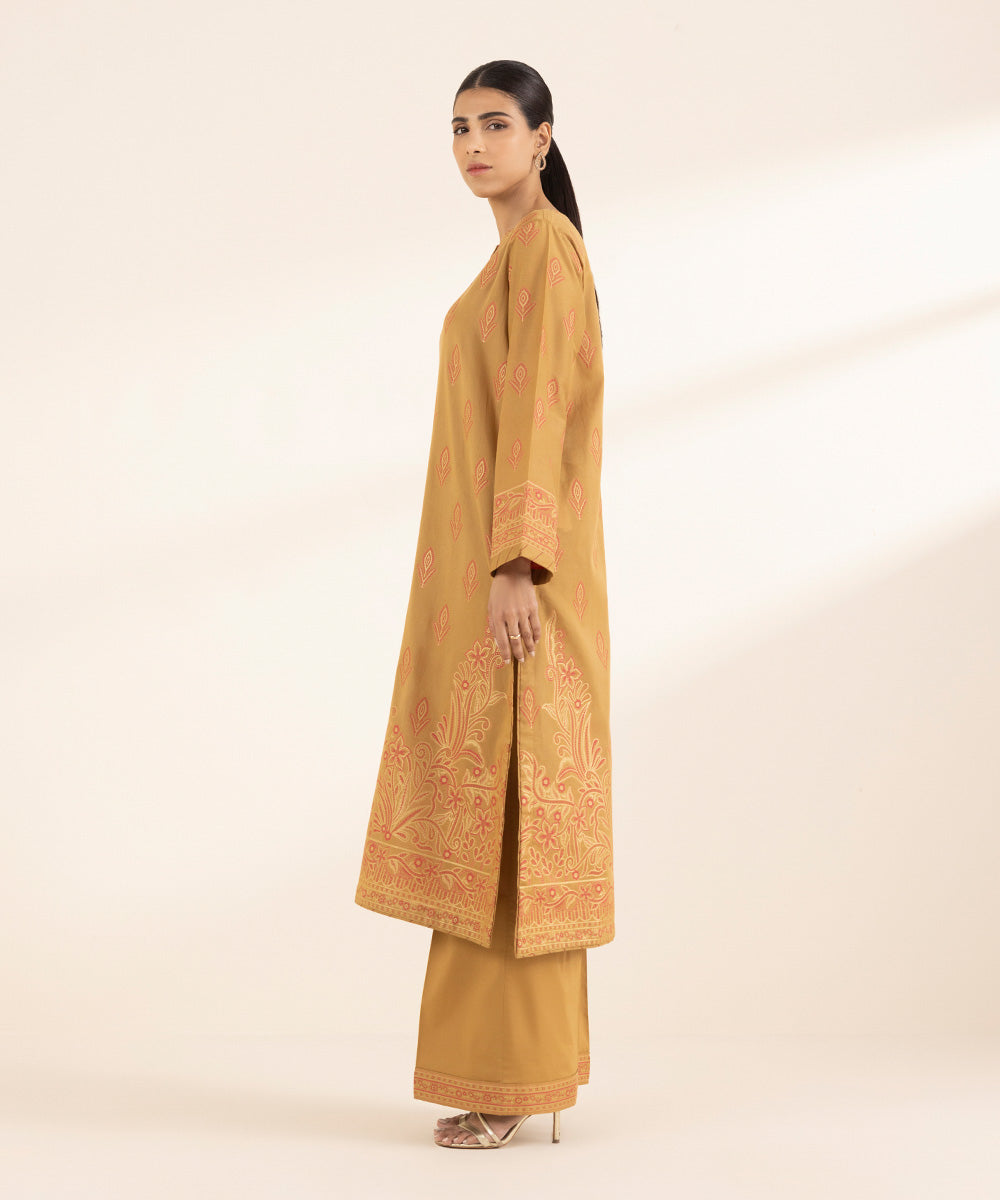 Women's RTW Extra Weft Jacquard Brown Solid A-Line Shirt
