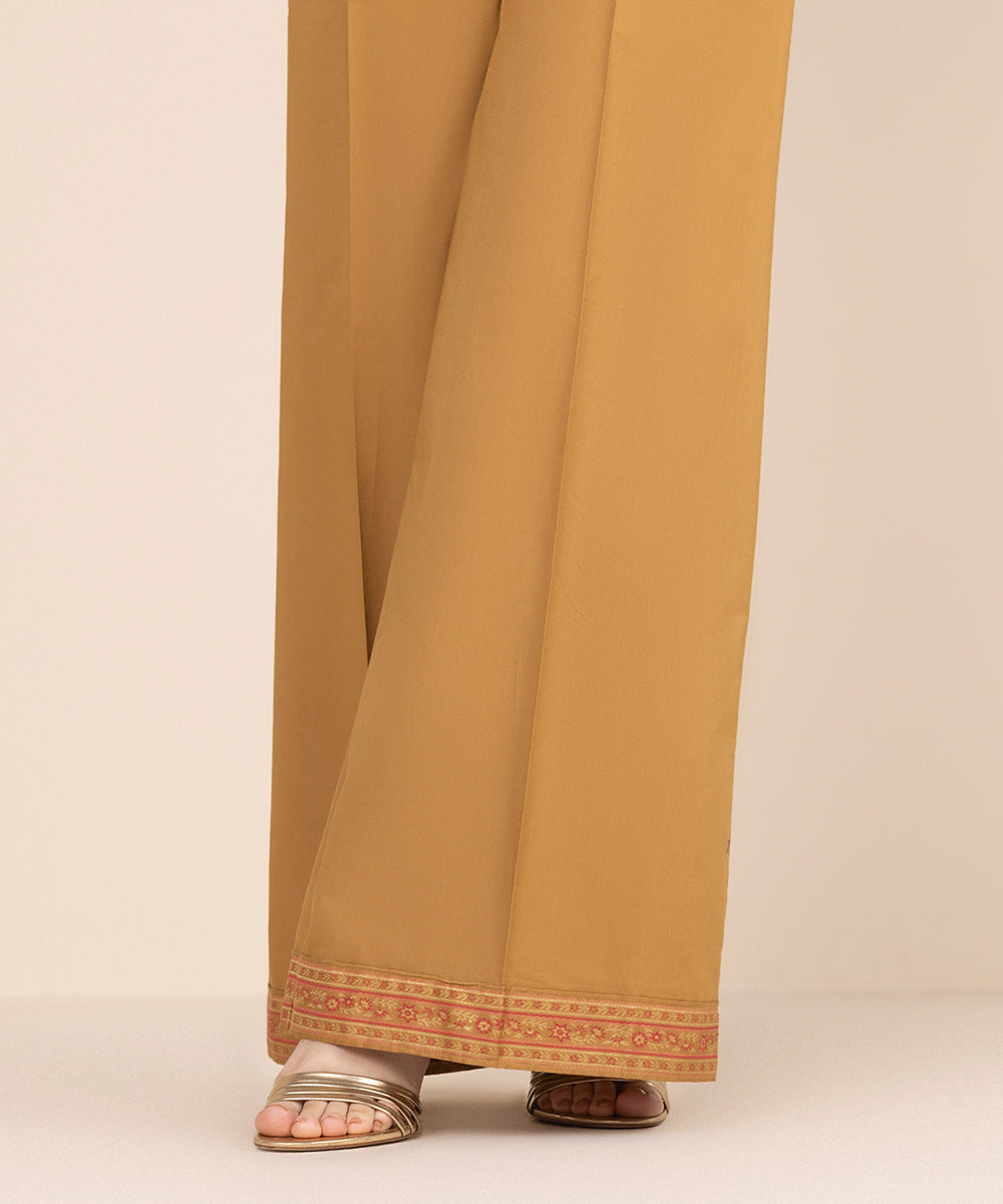 Women's RTW Cambric Brown Solid Flared Pants