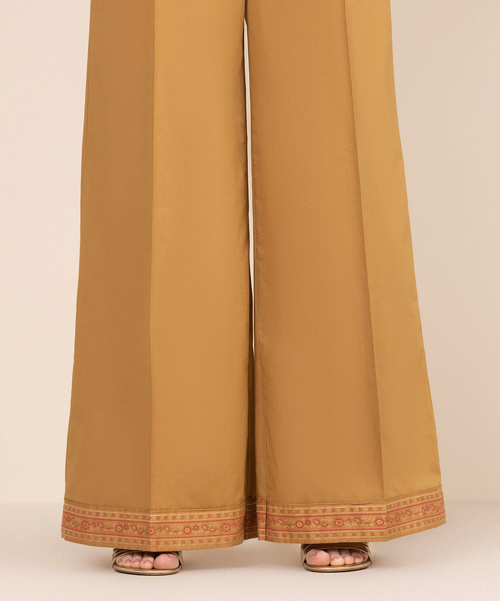 Women's RTW Cambric Brown Solid Flared Pants