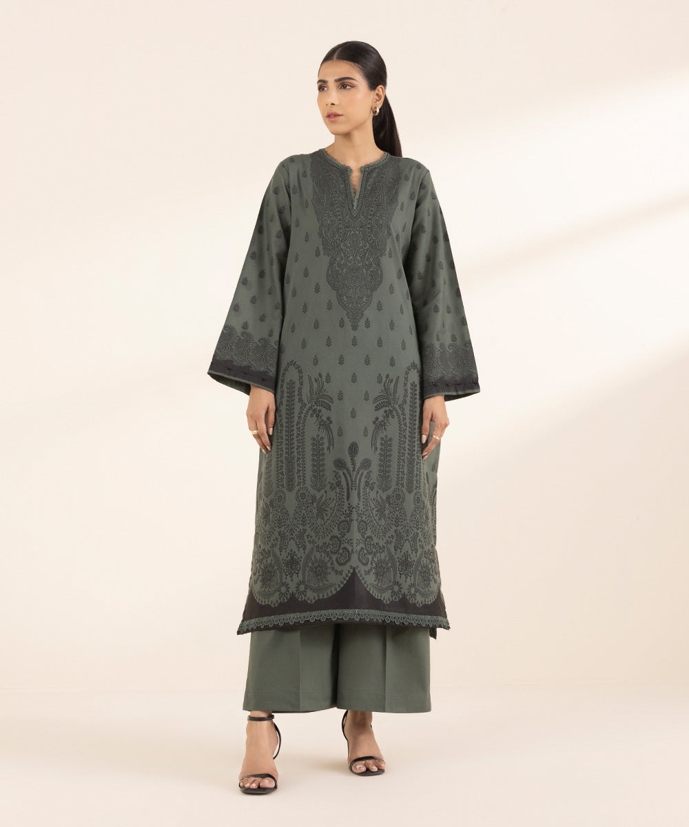 Women's RTW Extra Weft Jacquard Grey Solid A-Line Shirt