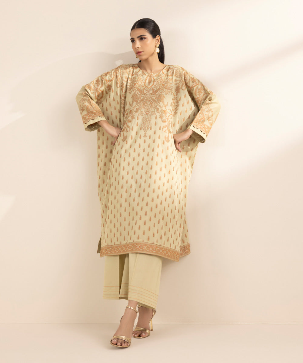 Women's RTW Extra Weft Jacquard Beige Solid Drop Shoulder Shirt