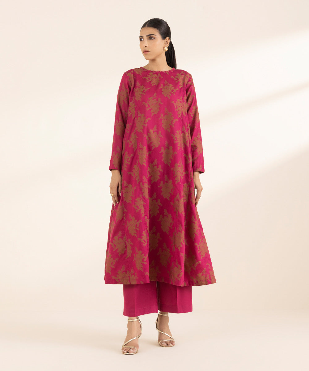 Women's RTW Extra Weft Jacquard Pink Solid A-Line Shirt
