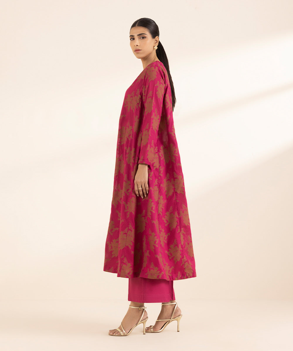 Women's RTW Extra Weft Jacquard Pink Solid A-Line Shirt