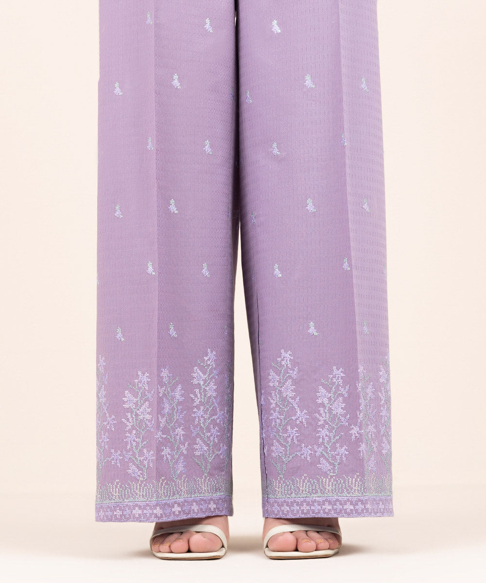 Women's Pret Dobby Purple Embroidered Culottes