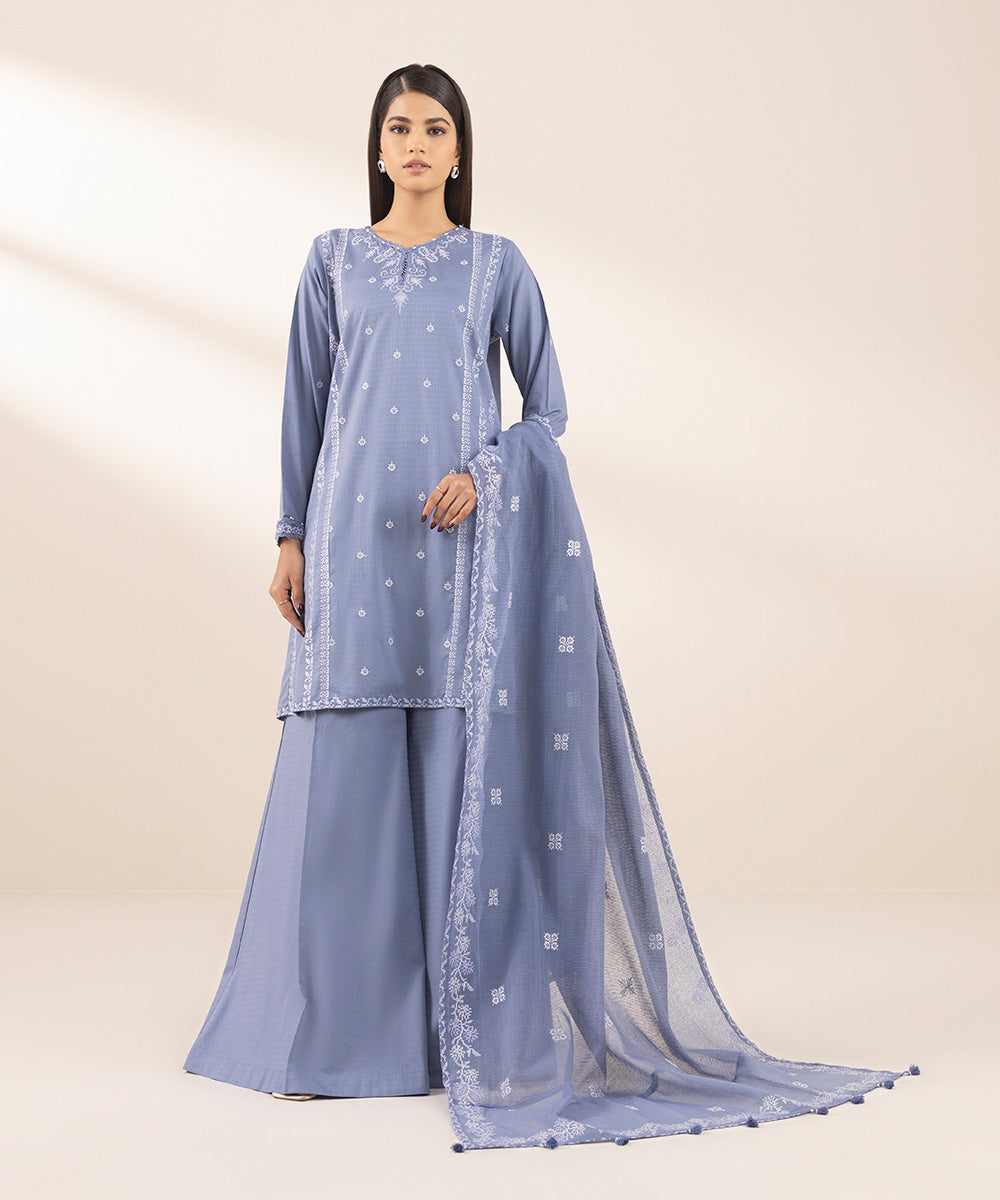 Blended Textured Karandi Blue Embroidered Dupatta