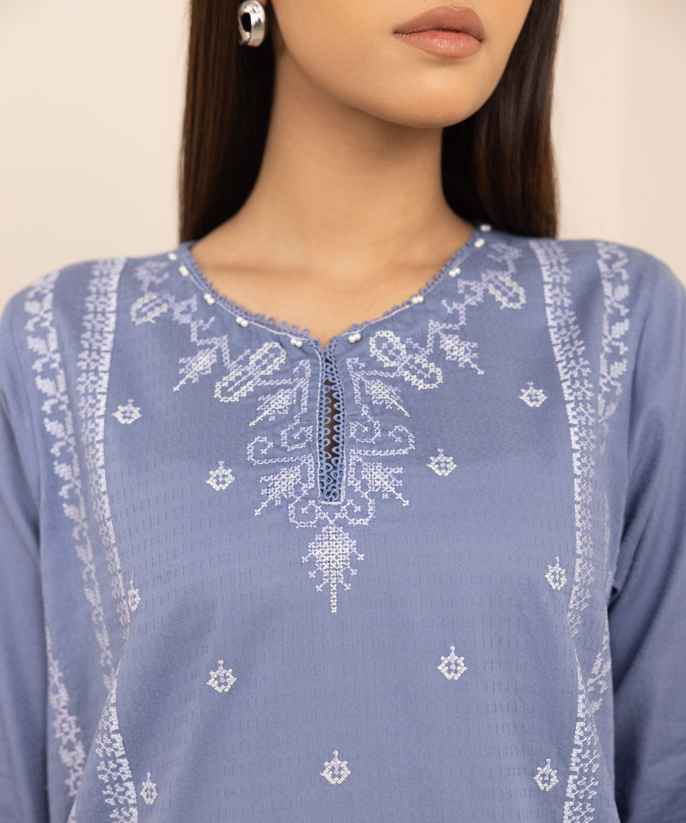 Women's Pret Dobby Blue Embroidered A-Line Shirt