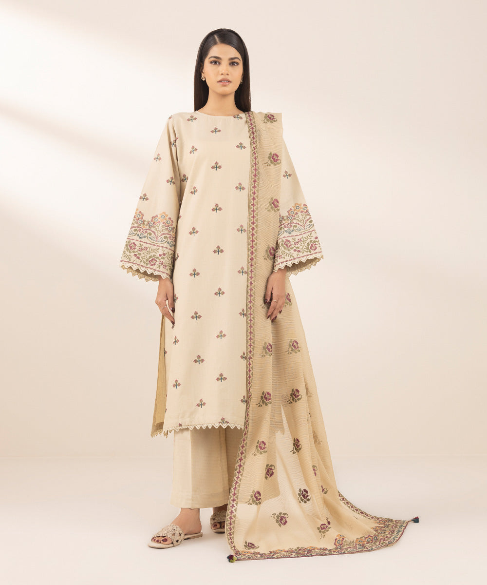 Blended Textured Karandi Beige Embroidered Dupatta