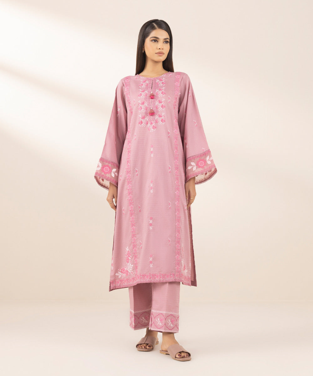 Women's Pret Dobby Pink Embroidered A-Line Shirt