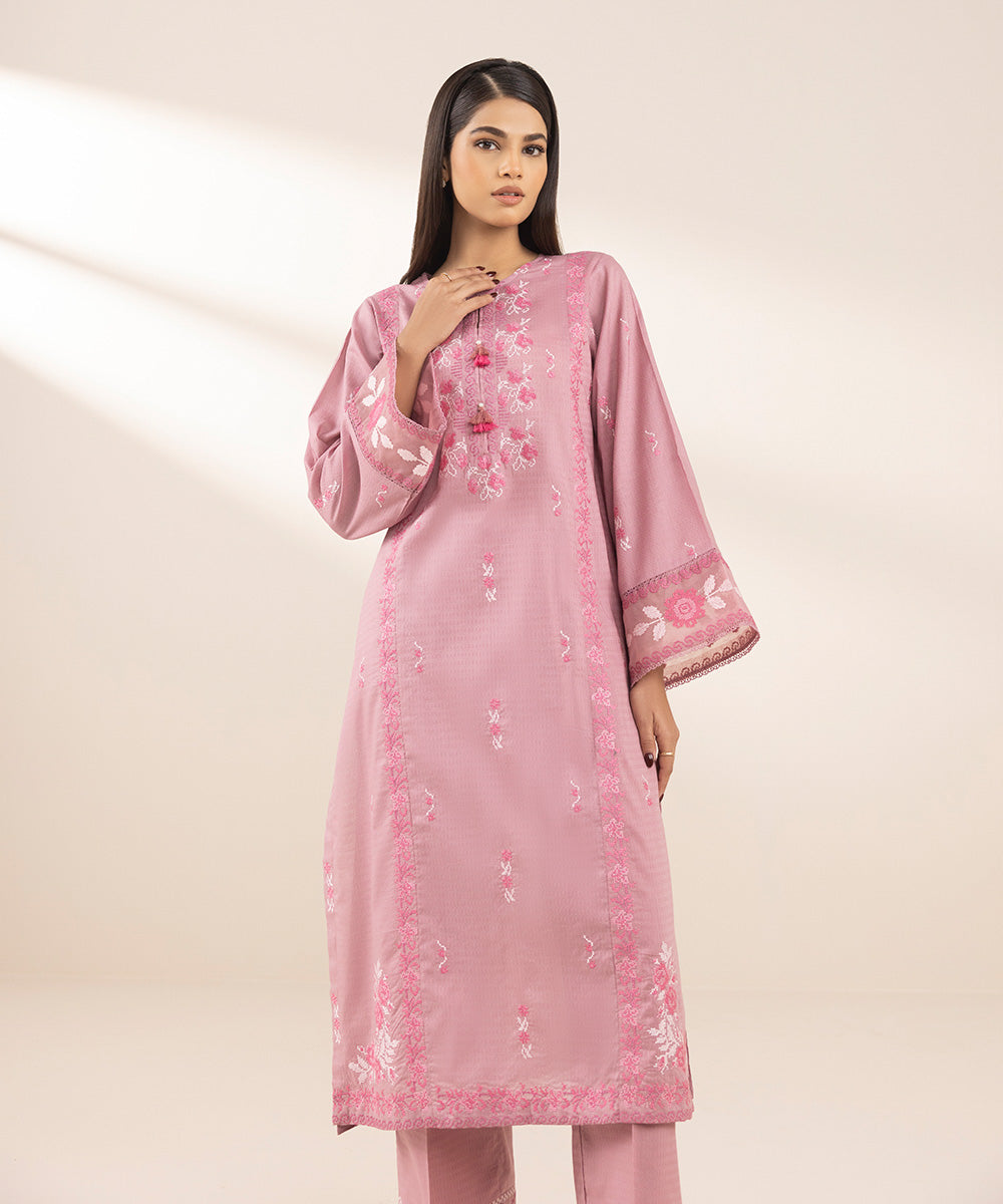 Women's Pret Dobby Pink Embroidered A-Line Shirt