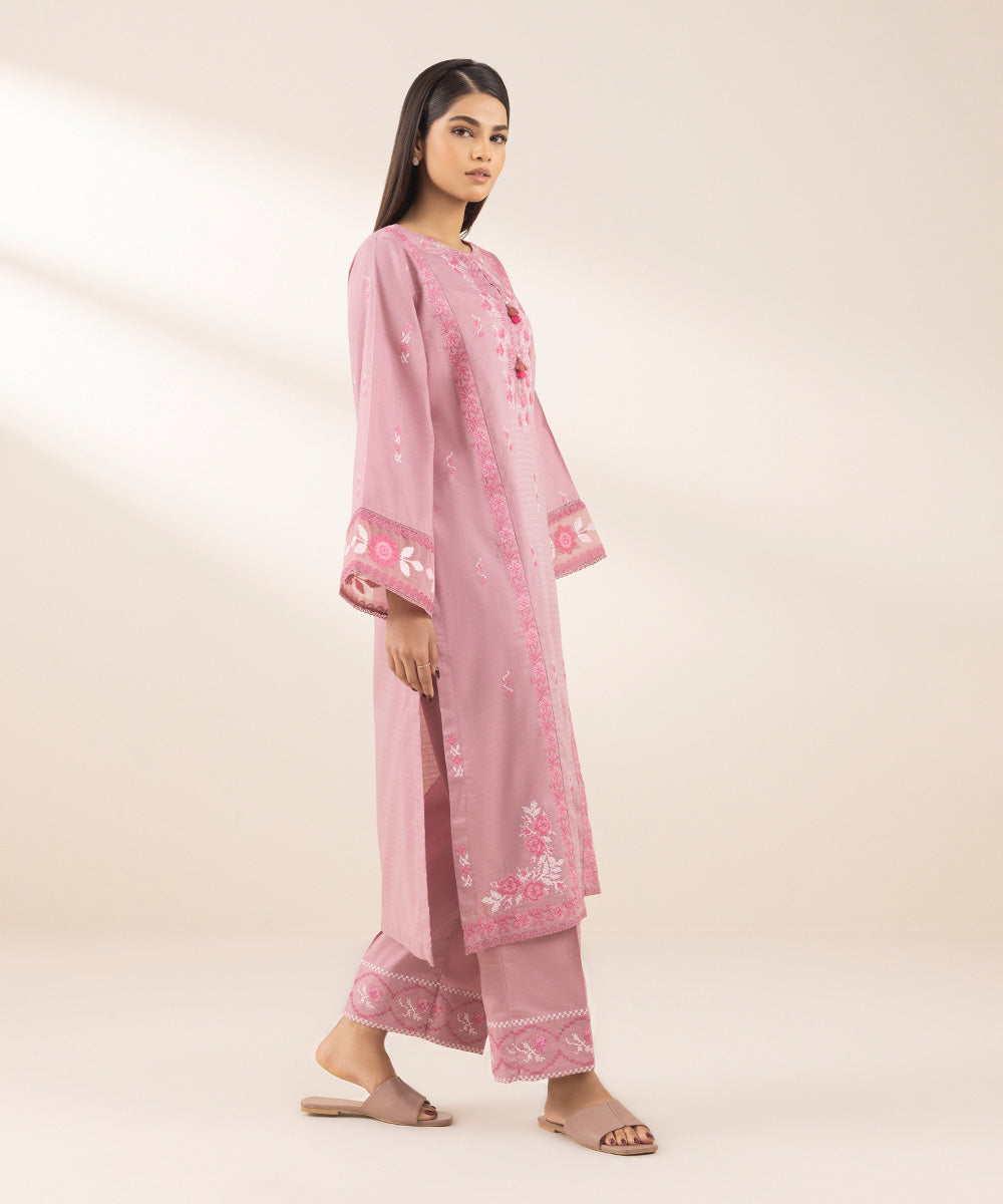 Women's Pret Dobby Pink Embroidered A-Line Shirt