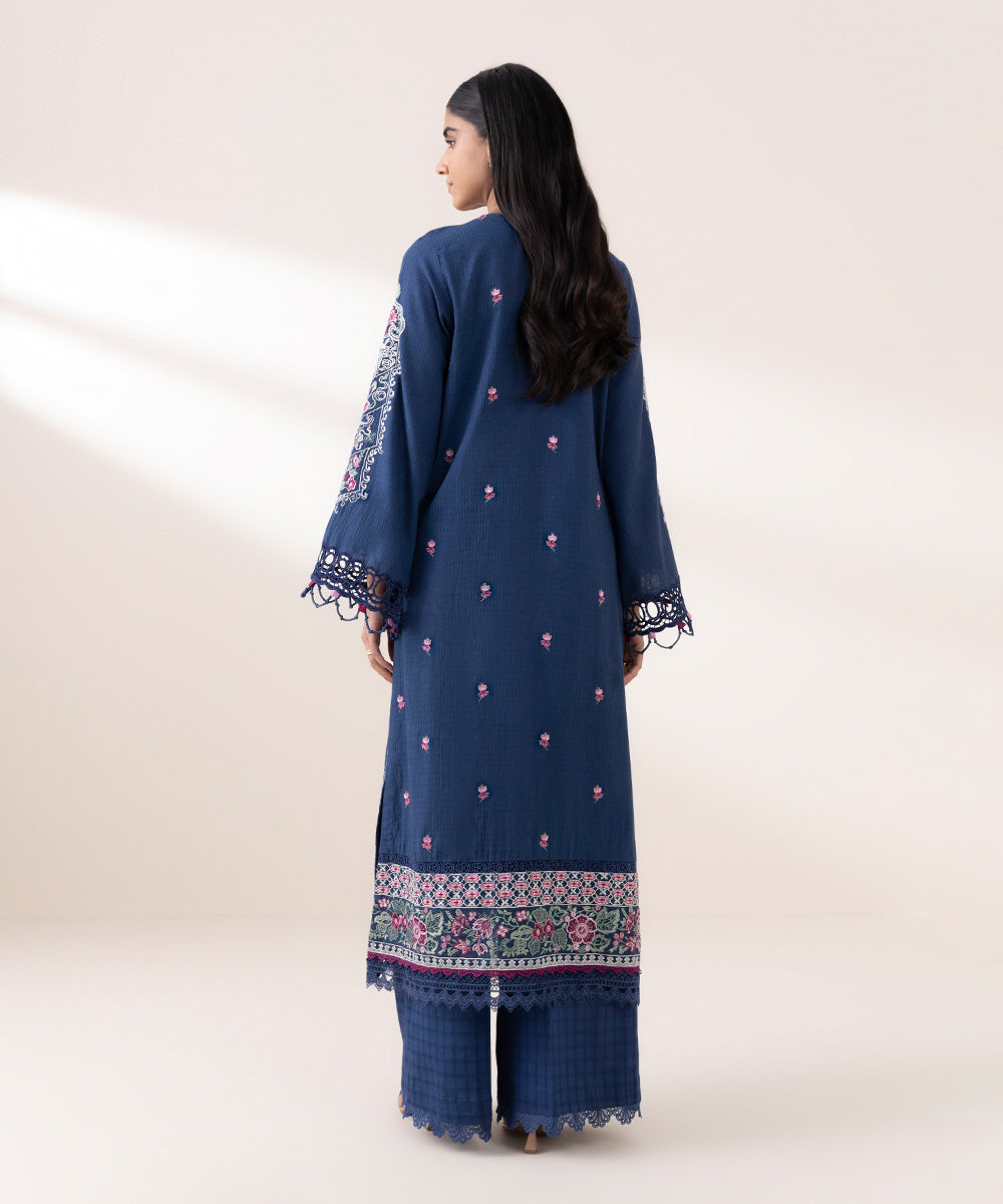 Women's Pret Dobby Blue Embroidered A-Line Shirt