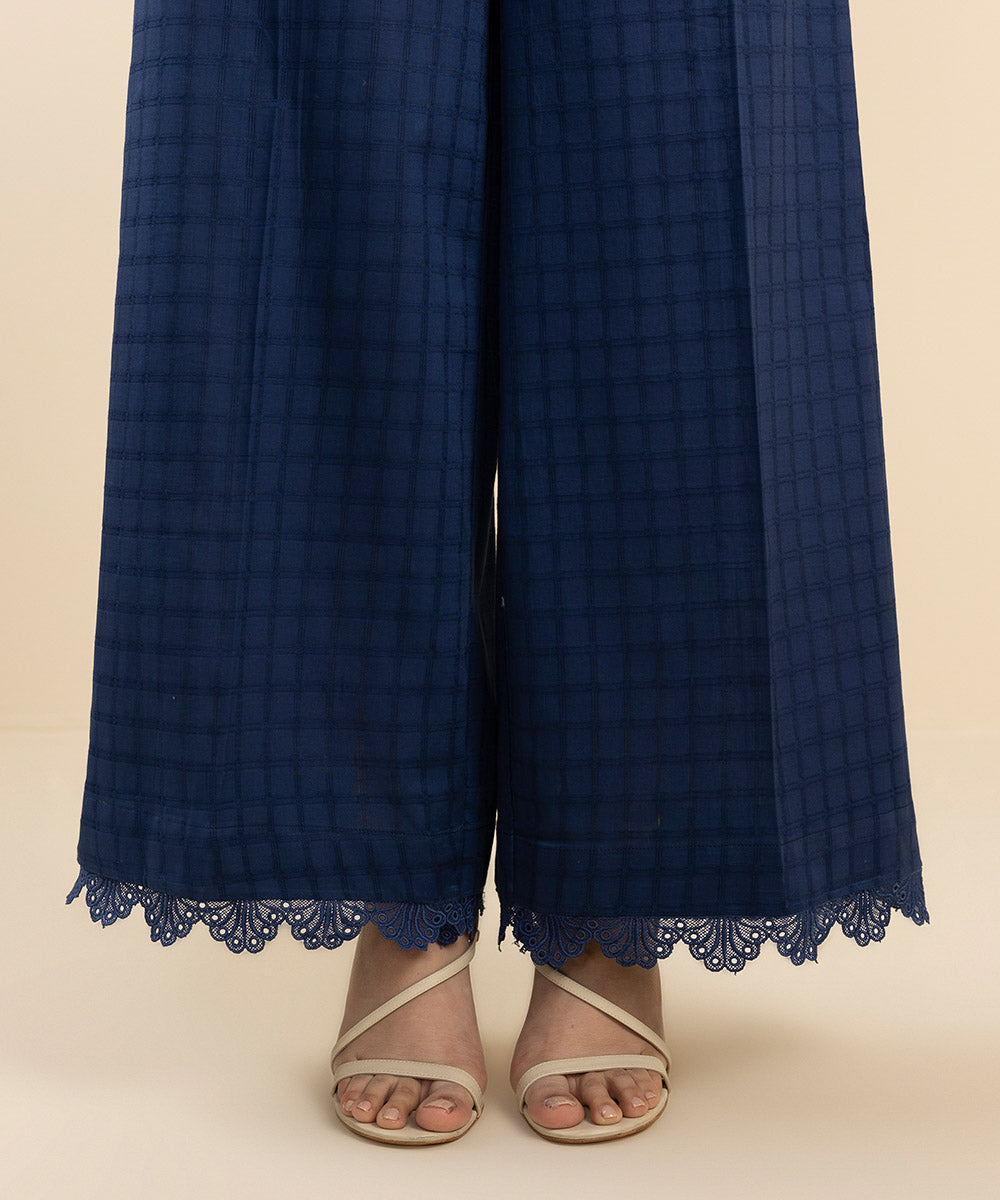 Women's Pret Textured Cotton Blue Embroidered Flared Pants