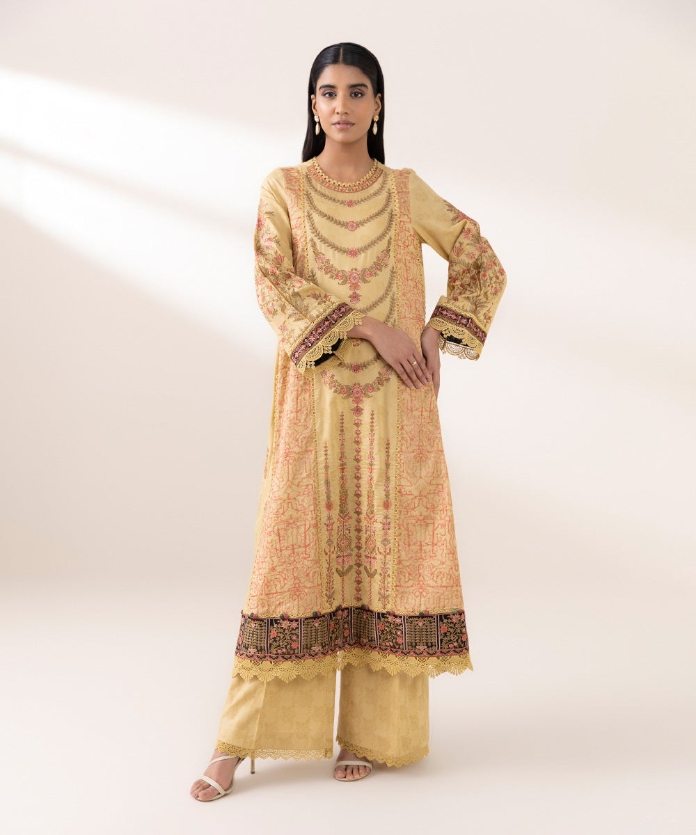 Women's Pret Self Jacquard Yellow Embroidered A-Line Shirt