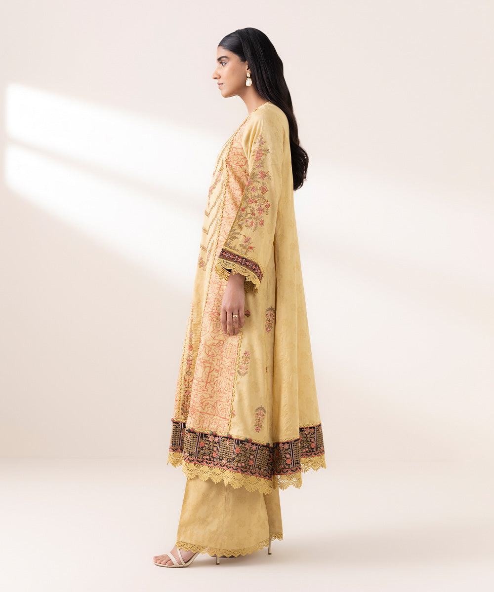 Women's Pret Self Jacquard Yellow Embroidered A-Line Shirt