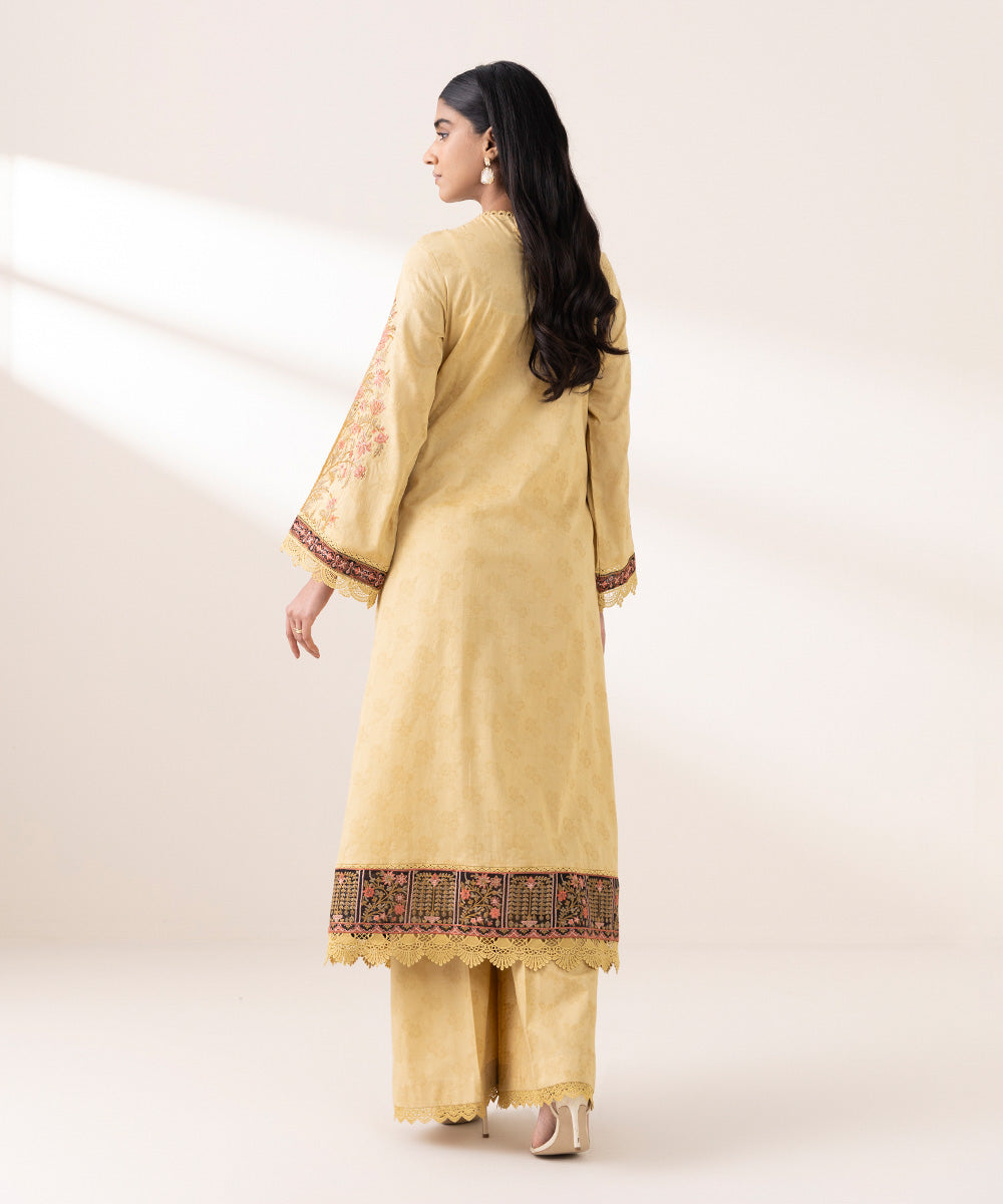 Women's Pret Self Jacquard Yellow Embroidered A-Line Shirt