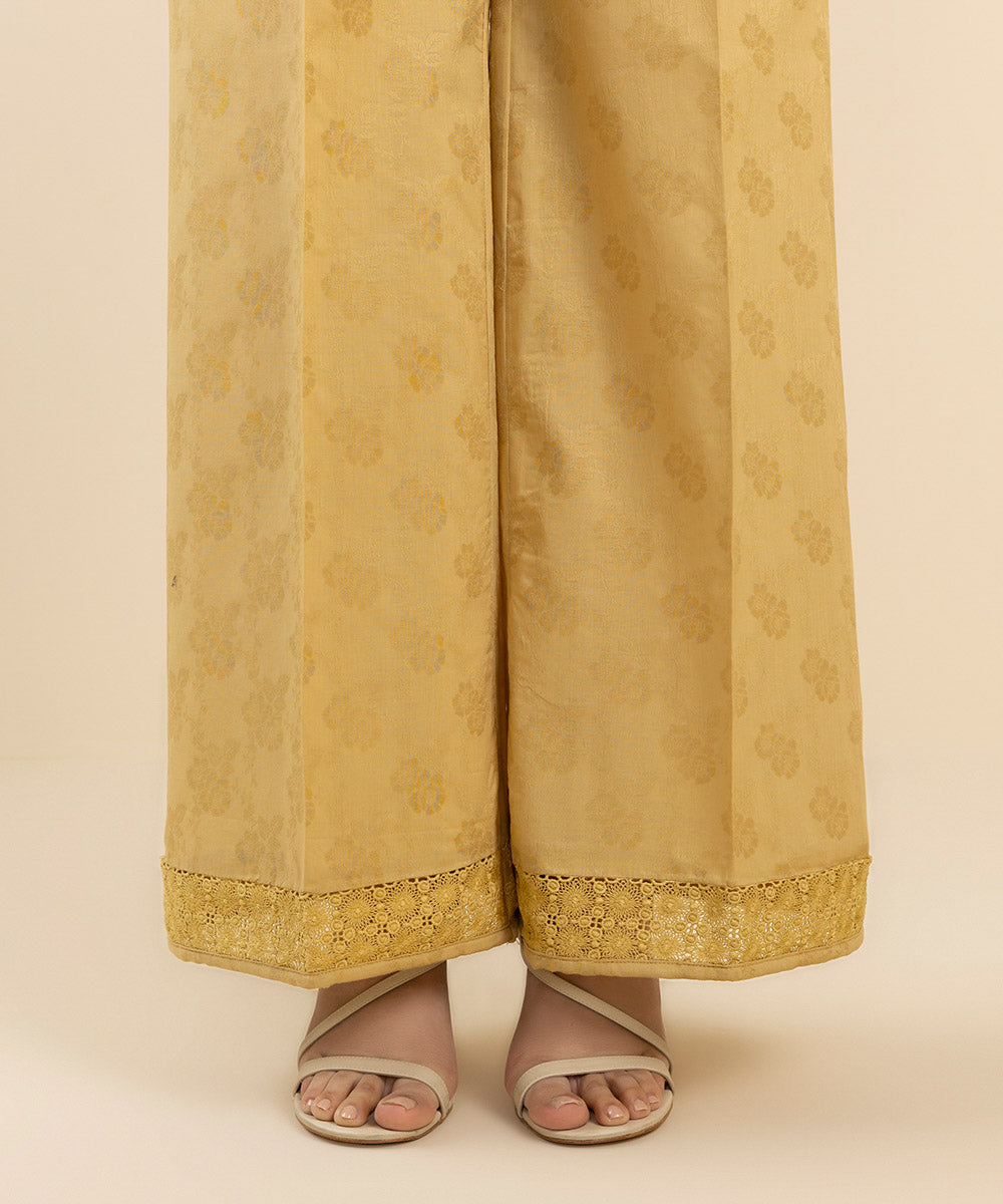 Women's Pret Jacquard Yellow Embroidered Flared Pants