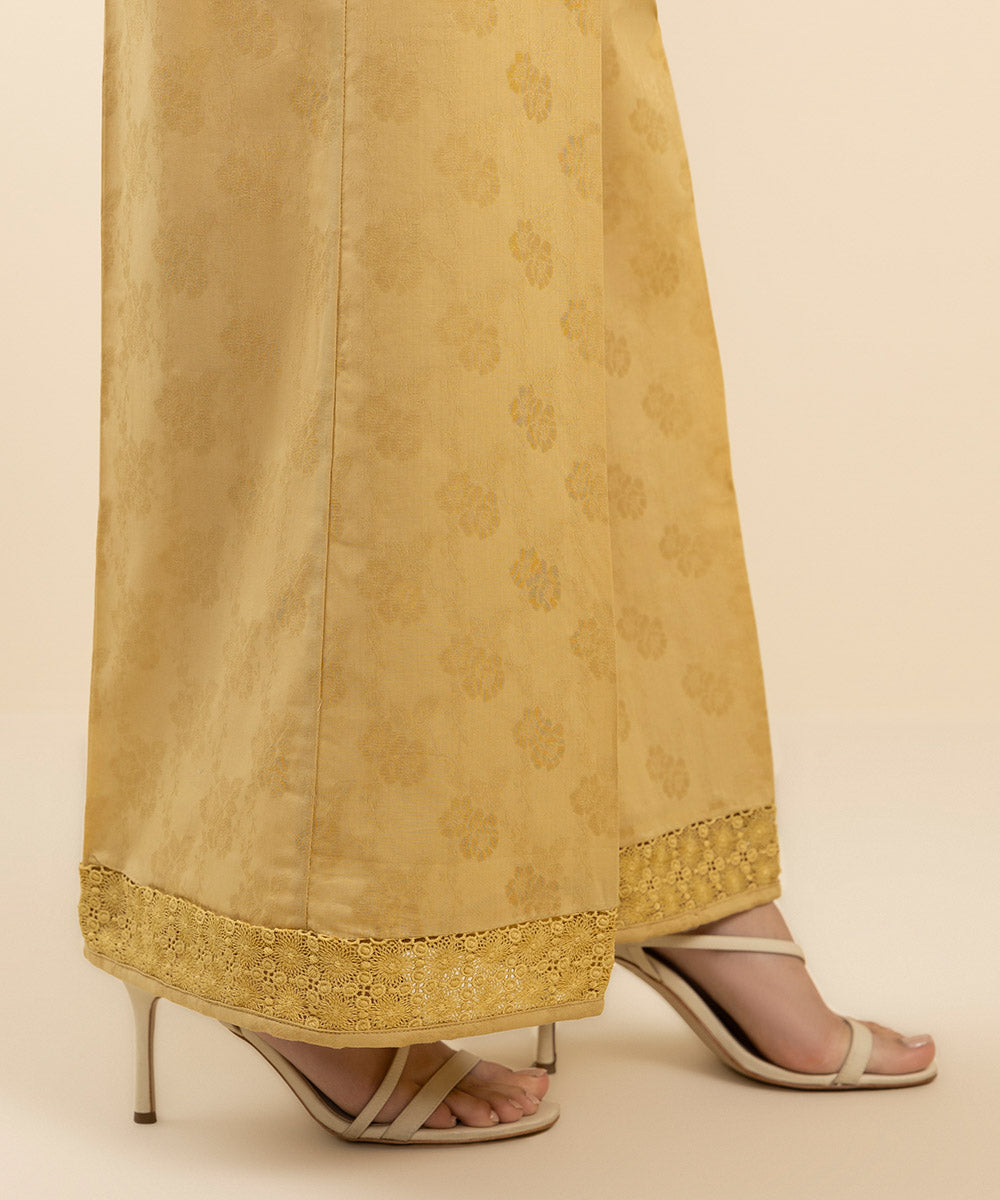 Women's Pret Jacquard Yellow Embroidered Flared Pants