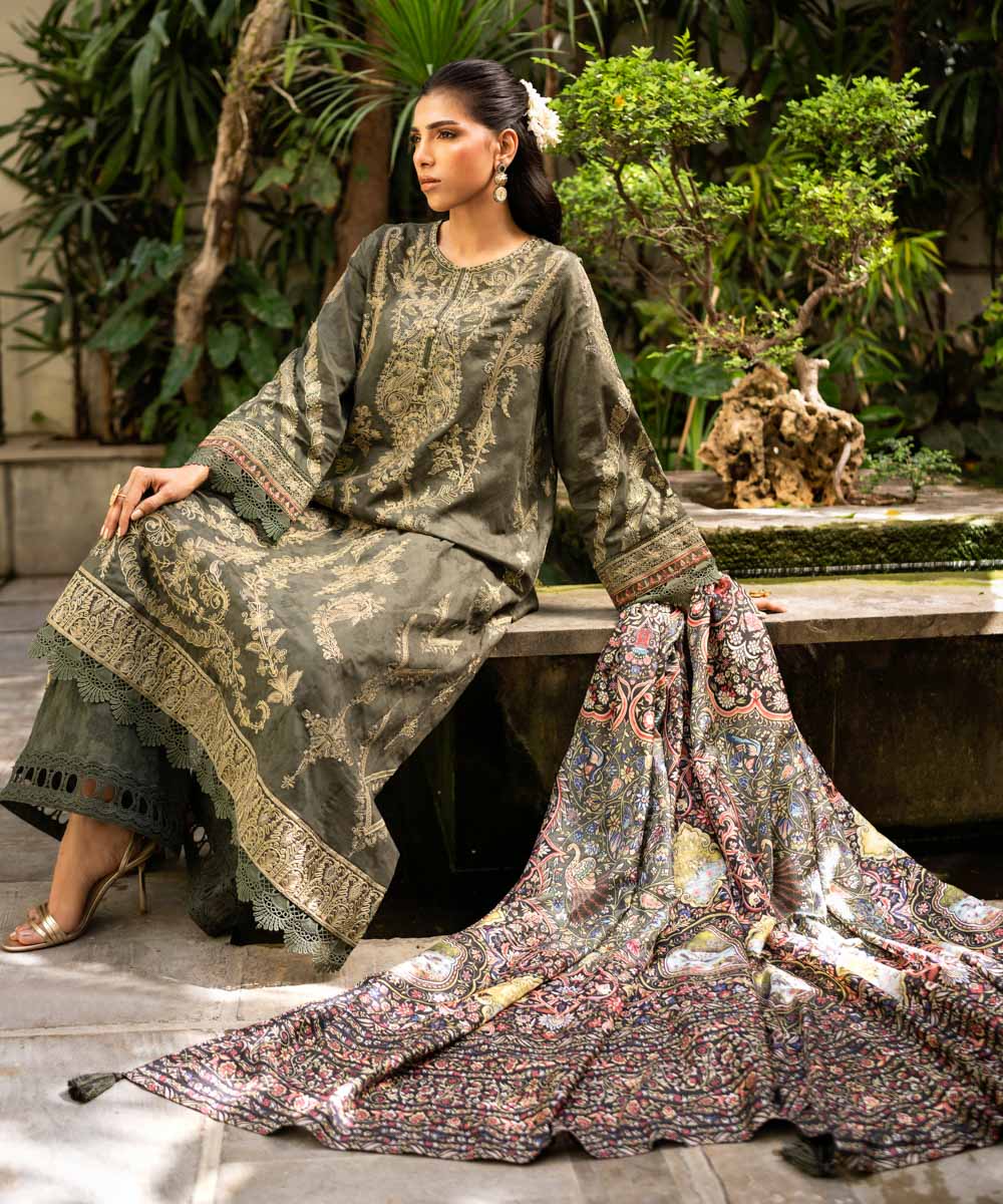 Women's Pret Self Jacquard Grey Embroidered Three Piece Suit