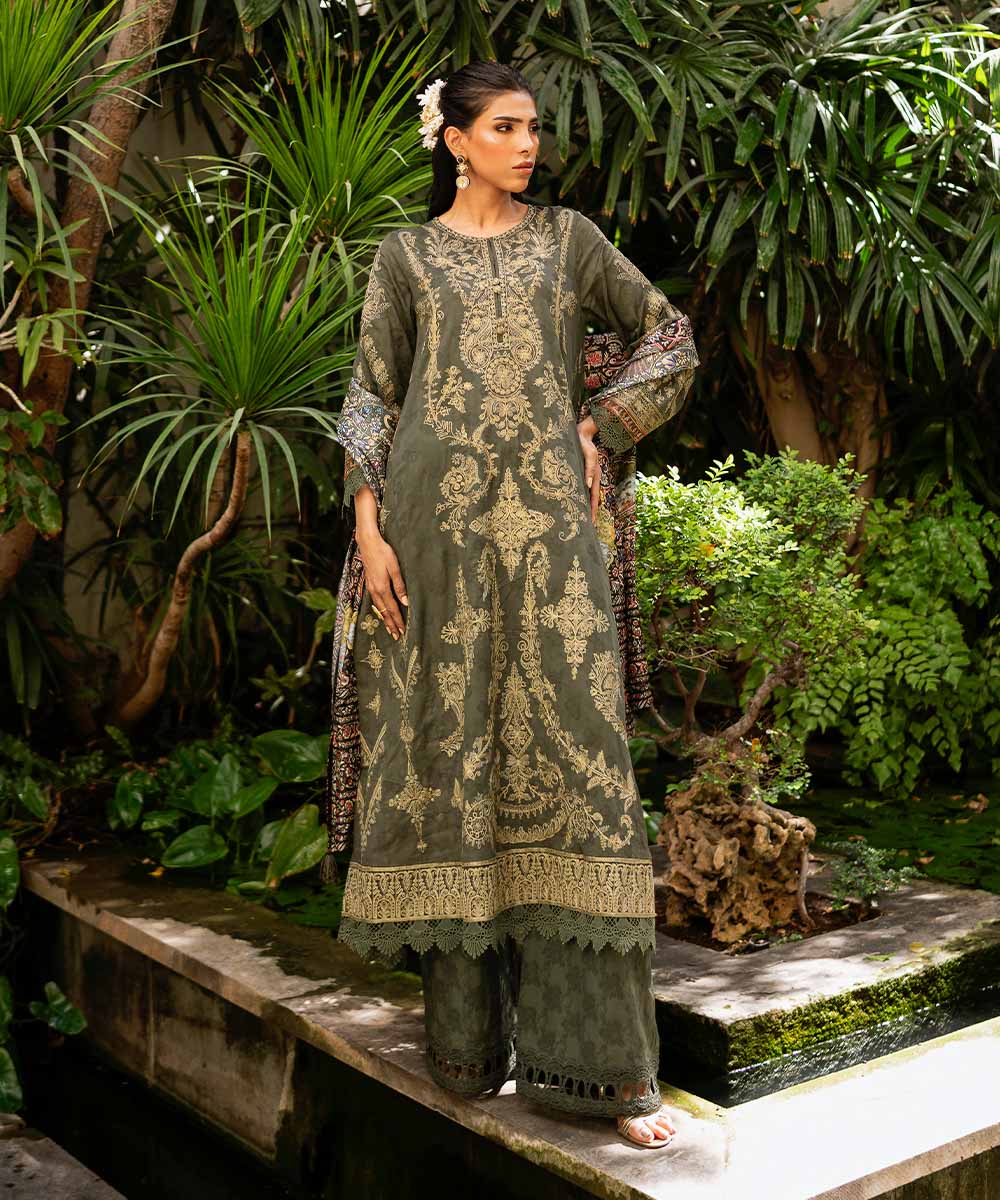 Women's Pret Self Jacquard Grey Embroidered Three Piece Suit