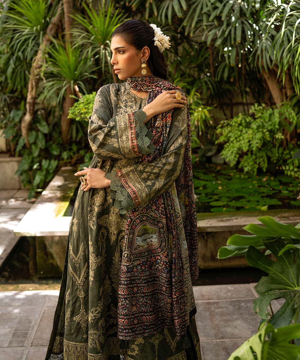 Women's Pret Self Jacquard Grey Embroidered Three Piece Suit