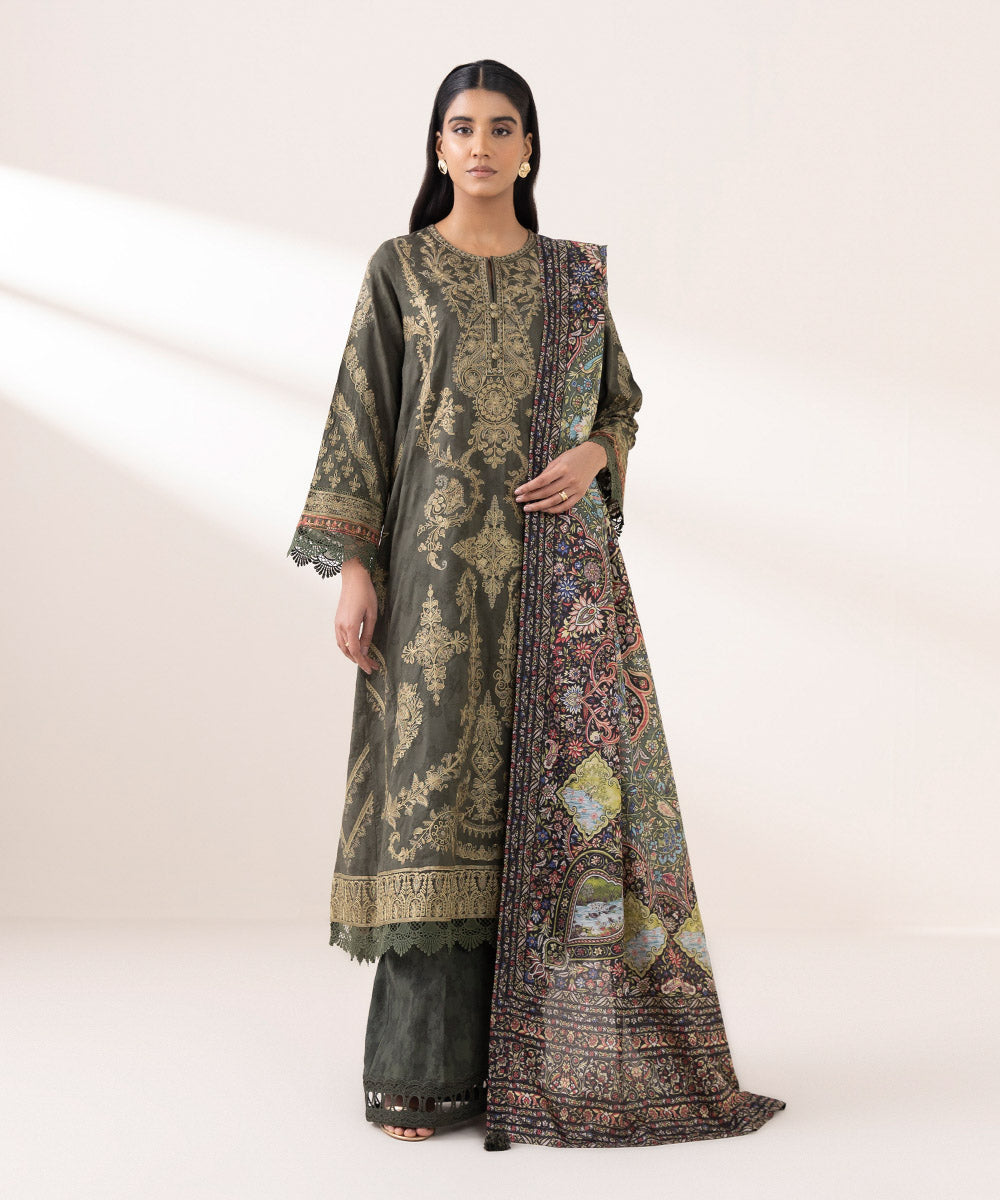 Women's Pret Self Jacquard Grey Embroidered Three Piece Suit