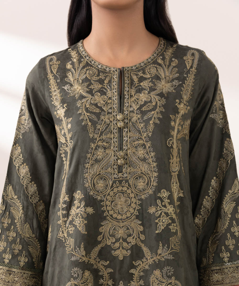 Women's Pret Self Jacquard Grey Embroidered Three Piece Suit