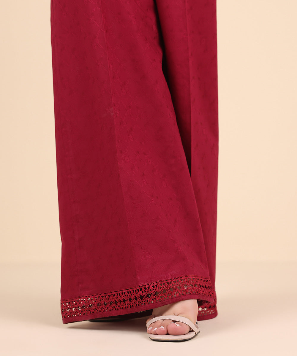 Women's Pret Jacquard Red Solid Flared Pants