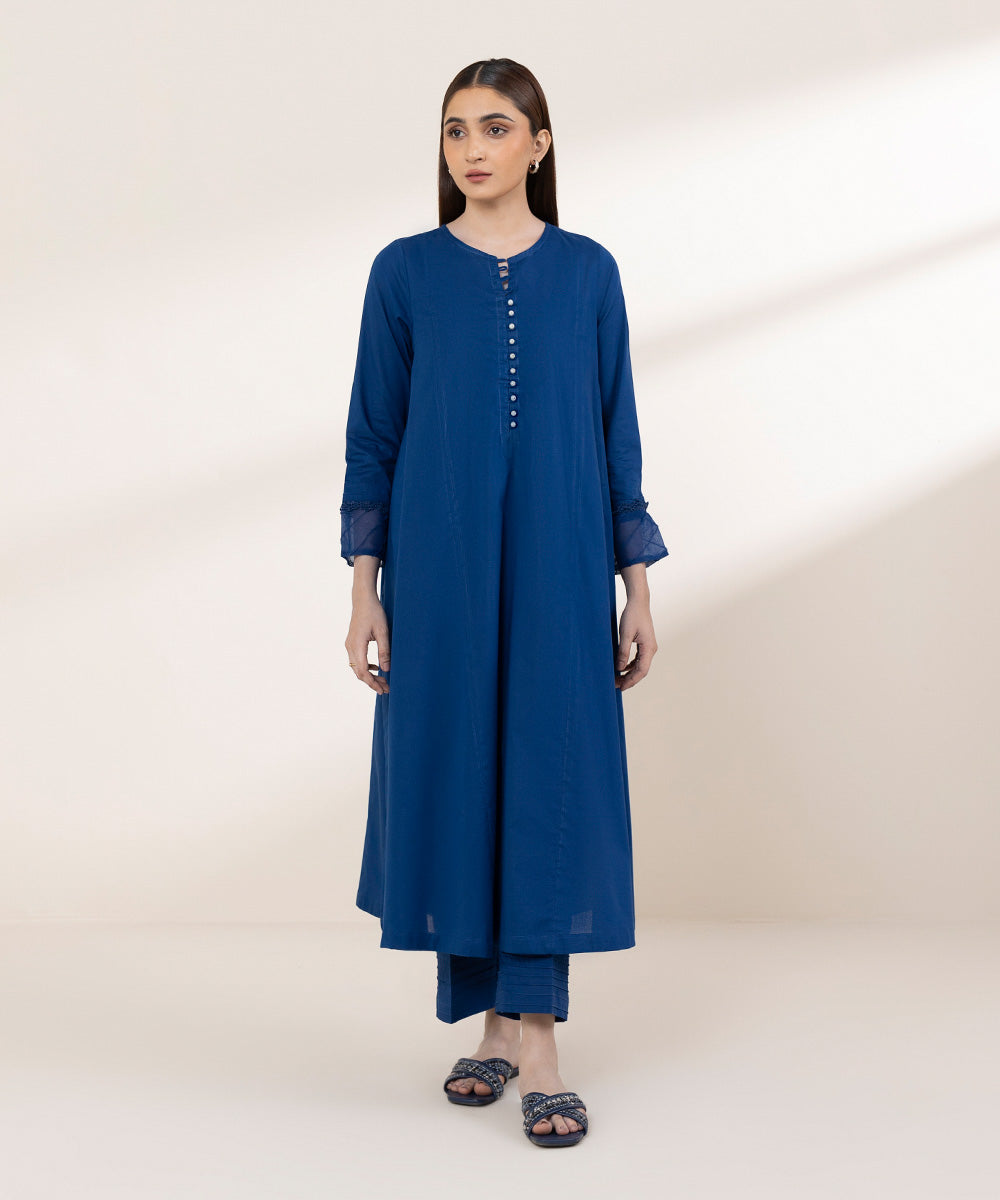 Women's RTW Lawn Blue Solid A-Line Shirt