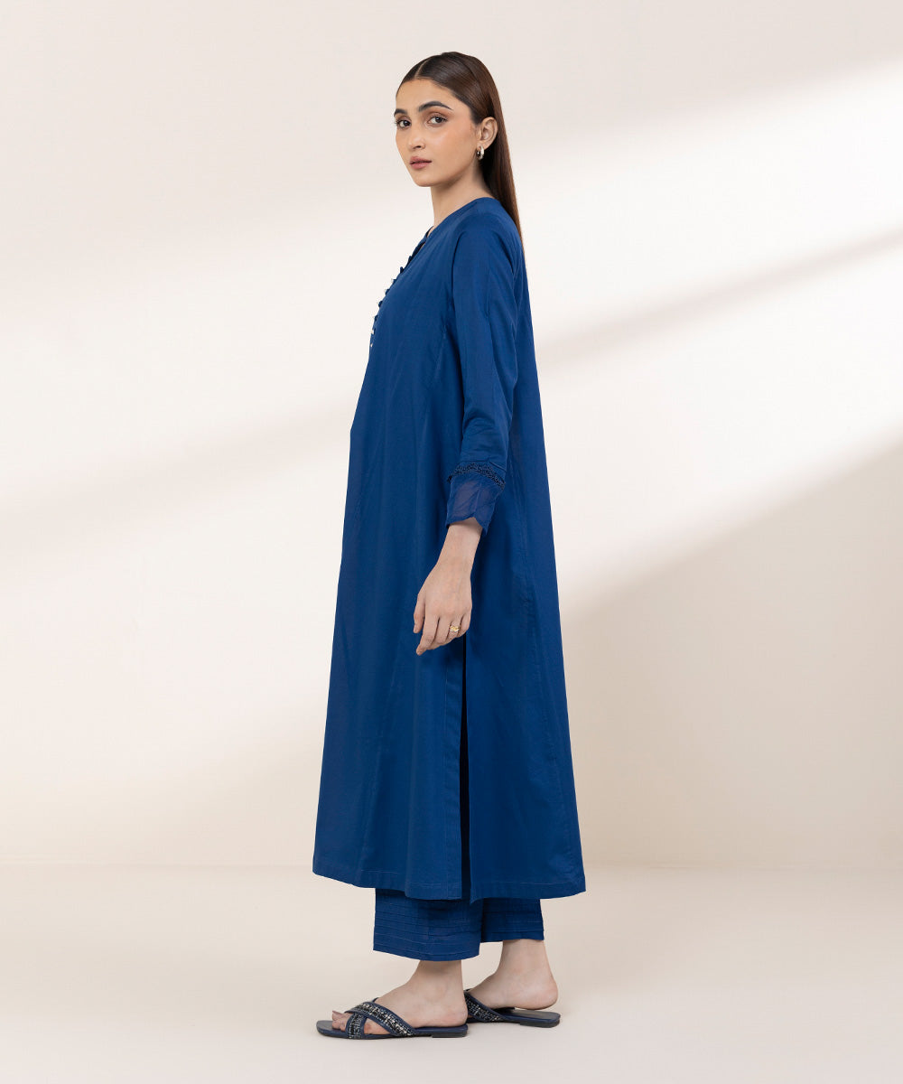 Women's RTW Lawn Blue Solid A-Line Shirt