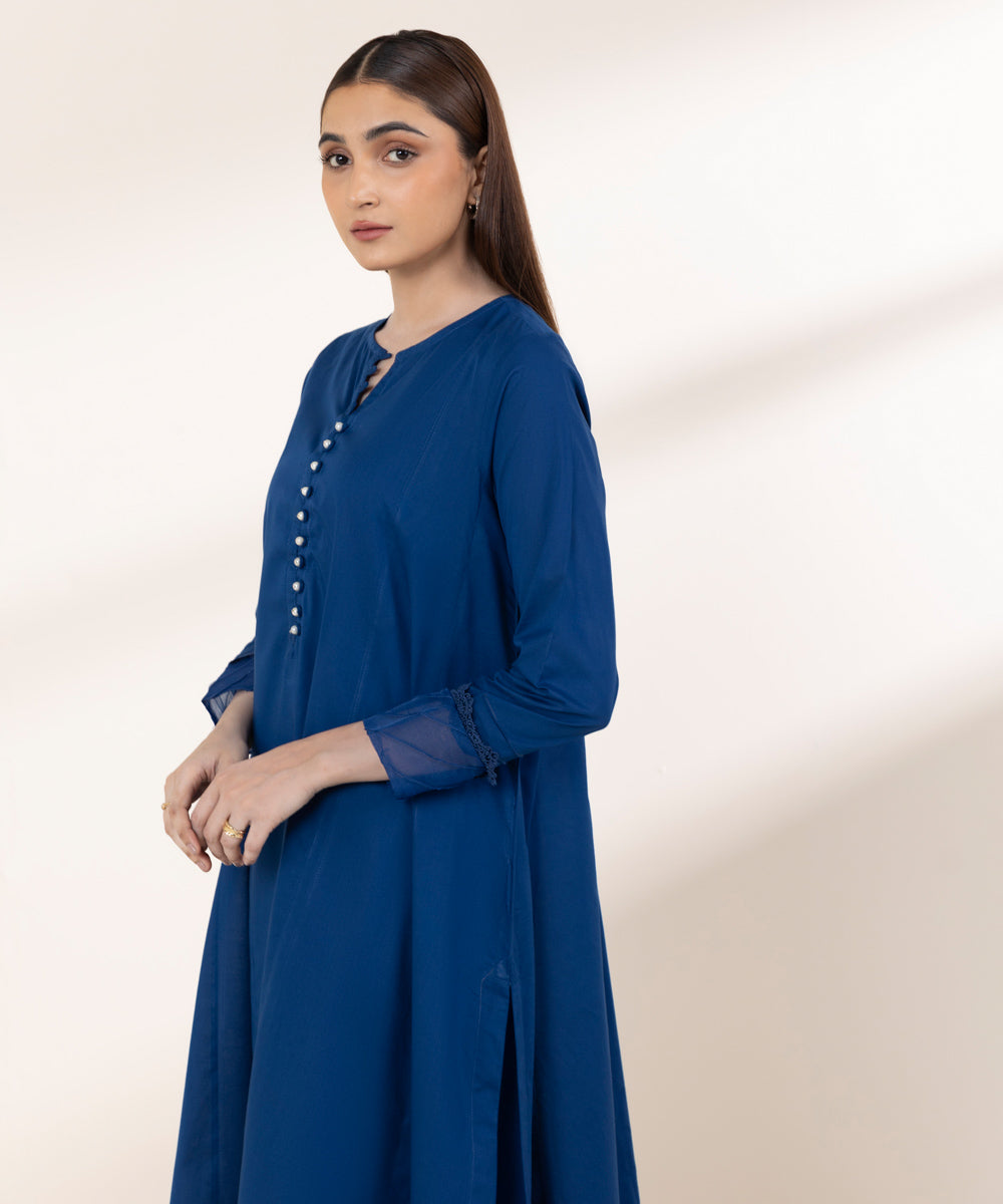 Women's RTW Lawn Blue Solid A-Line Shirt