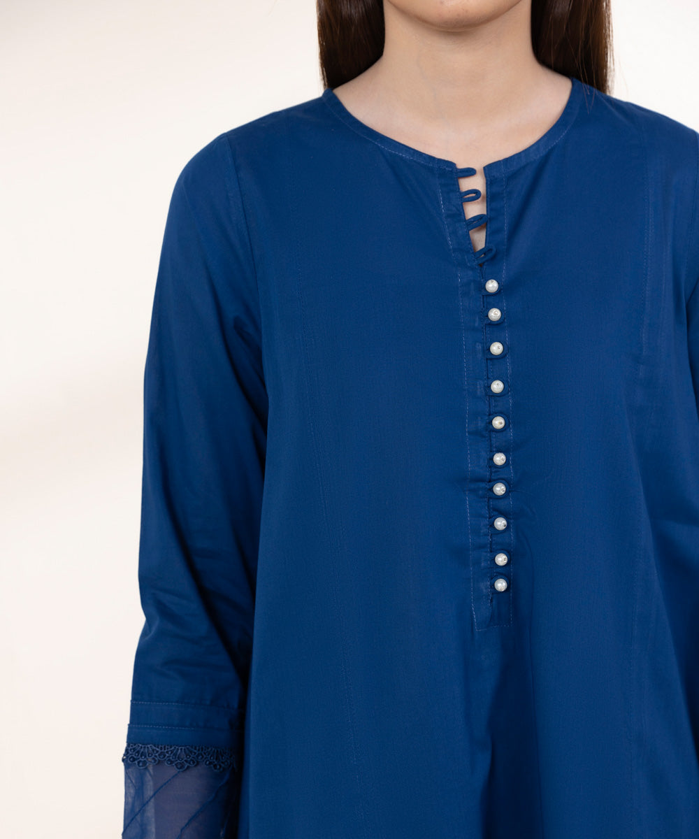Women's RTW Lawn Blue Solid A-Line Shirt