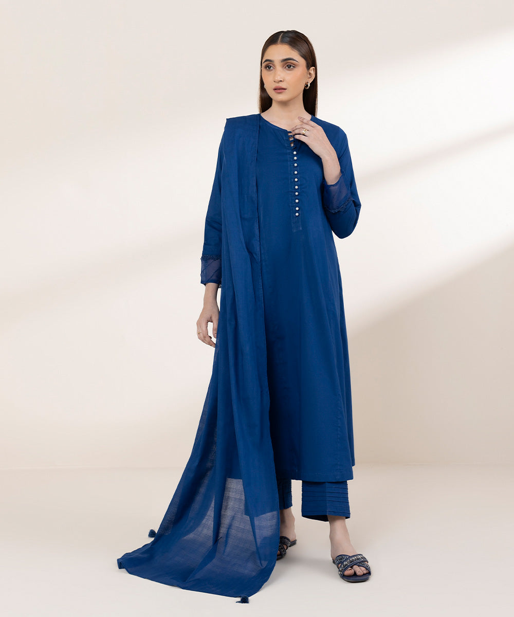 Women's RTW Lawn Blue Solid A-Line Shirt