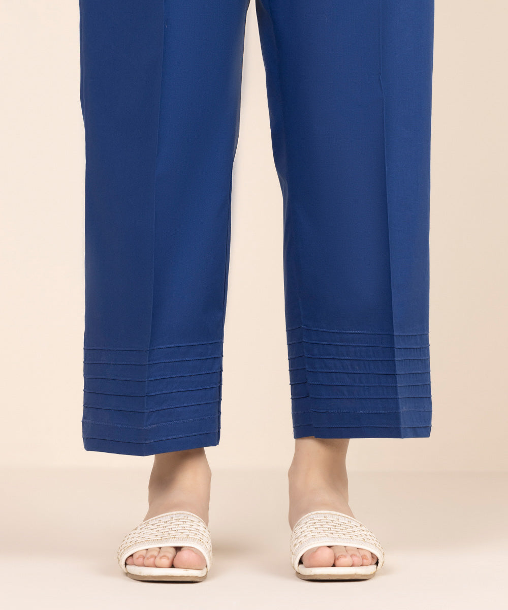 Women's RTW Cambric Blue Solid Straight Pants