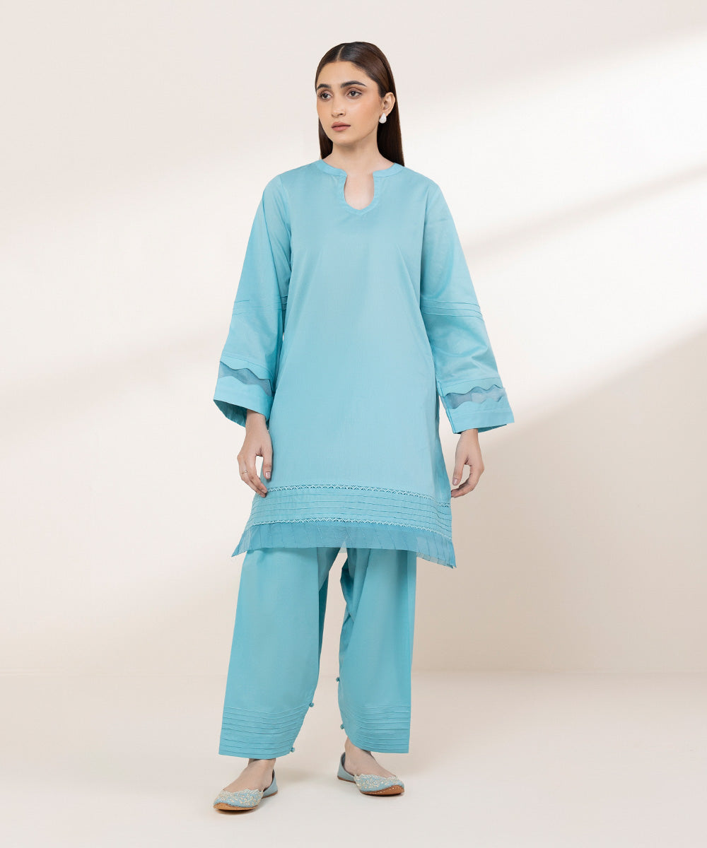 Women's RTW Lawn Blue Solid A-Line Shirt