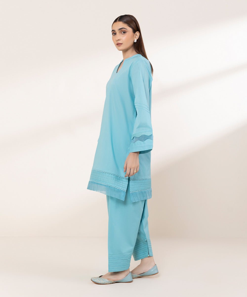Women's RTW Lawn Blue Solid A-Line Shirt