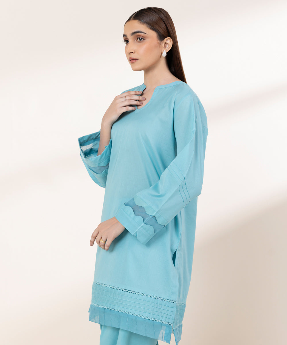 Women's RTW Lawn Blue Solid A-Line Shirt