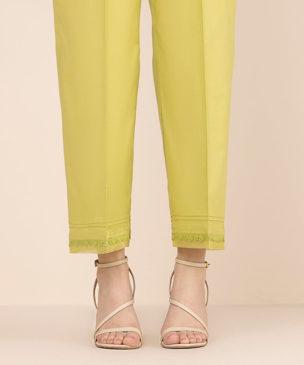 Women's RTW Cambric Green Solid Straight Pants