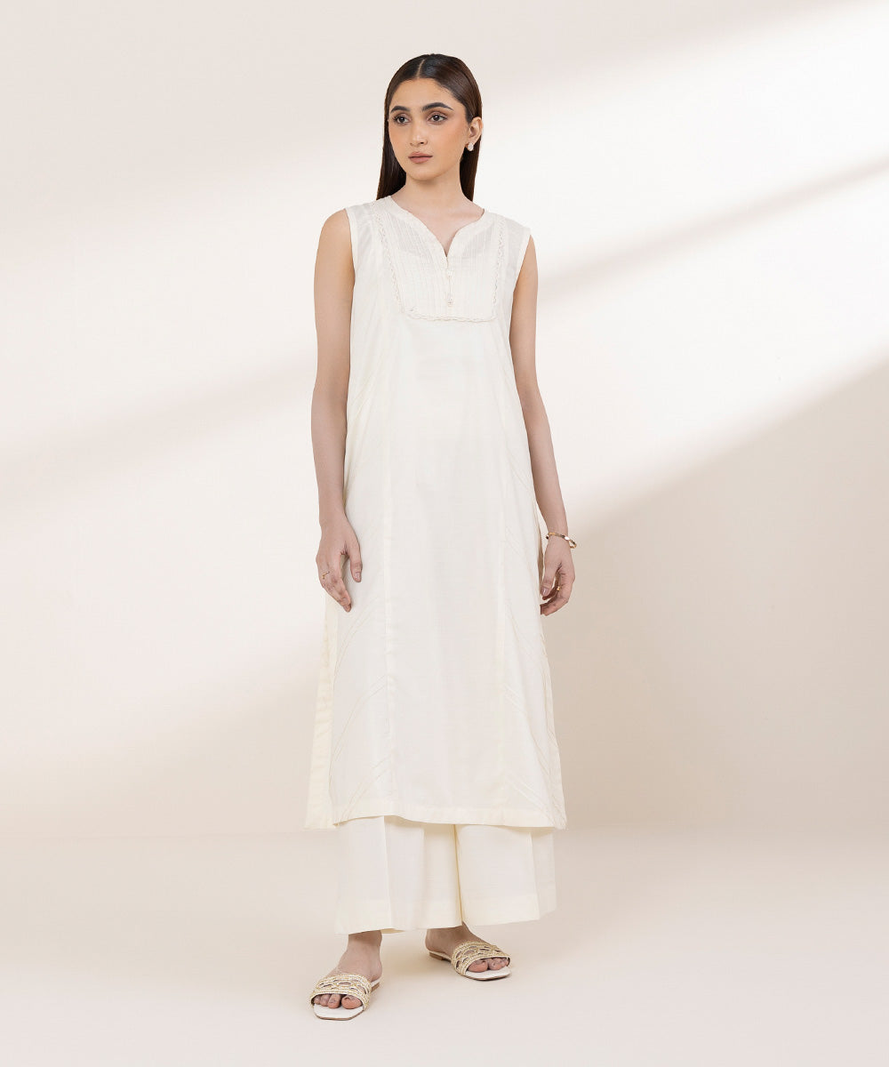 Women's RTW Textured Lawn Off White Solid A-Line Shirt
