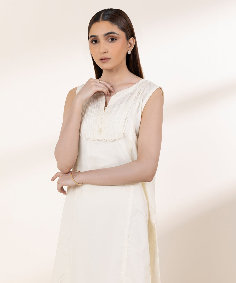 Women's RTW Textured Lawn Off White Solid A-Line Shirt