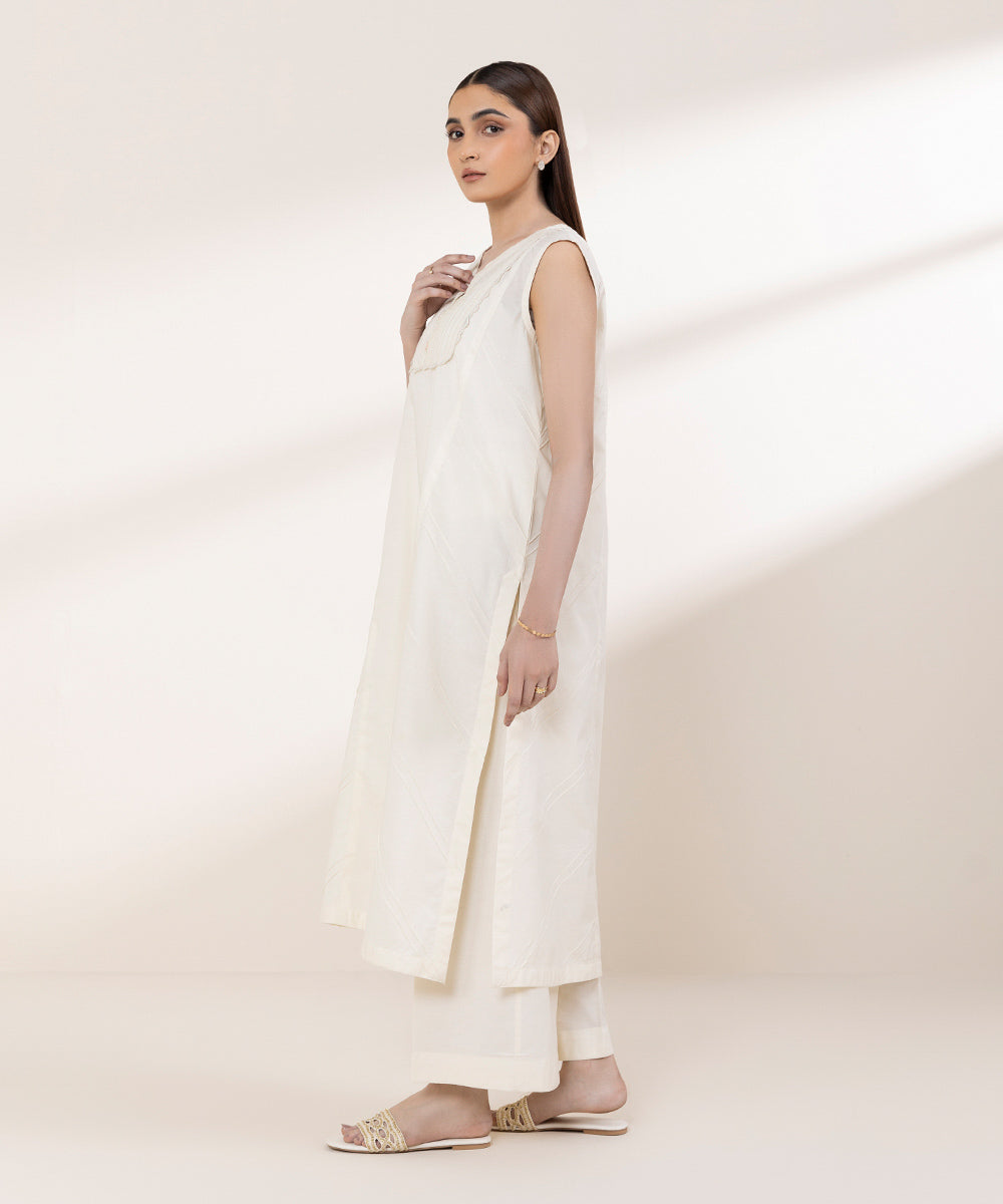 Women's RTW Textured Lawn Off White Solid A-Line Shirt