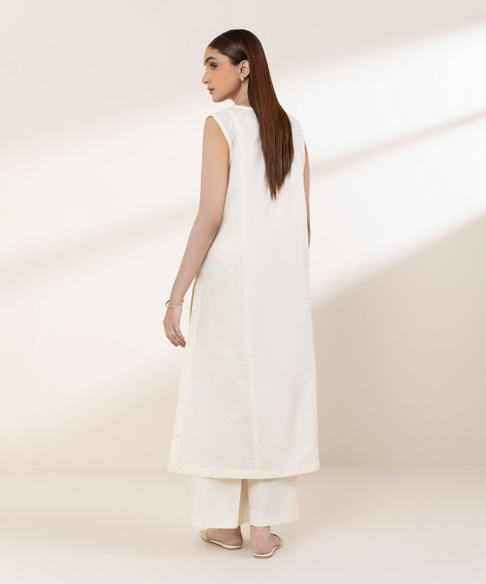 Women's RTW Textured Lawn Off White Solid A-Line Shirt