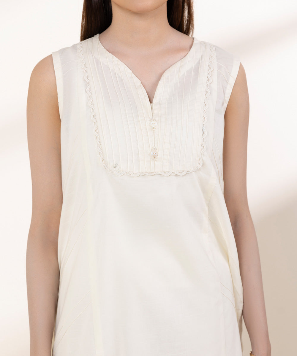 Women's RTW Textured Lawn Off White Solid A-Line Shirt