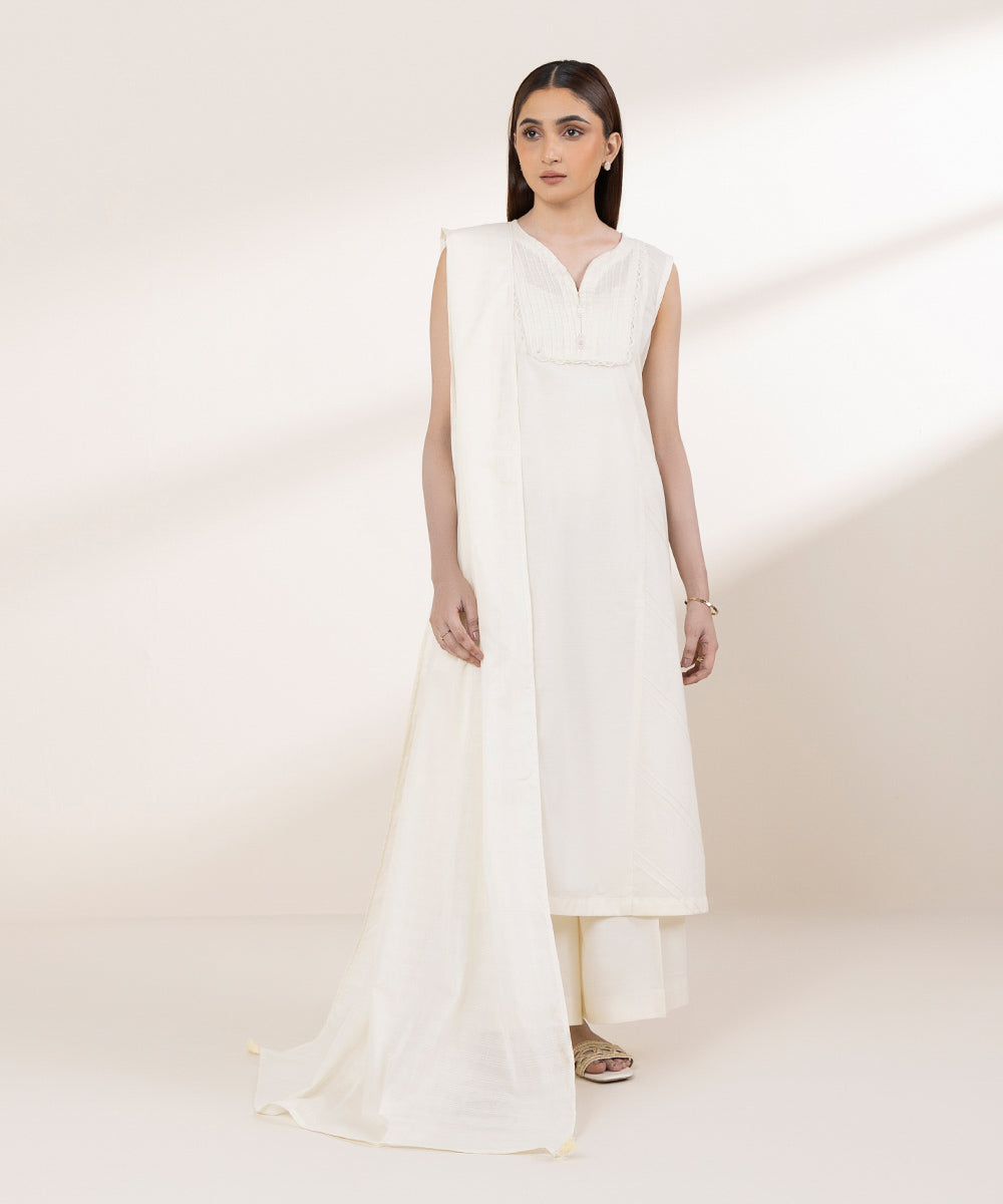 Women's RTW Textured Lawn Off White Solid A-Line Shirt