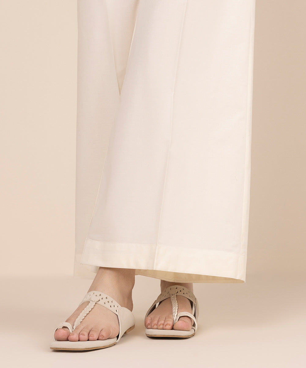 Women's RTW Cambric Off White Solid Flared Pants
