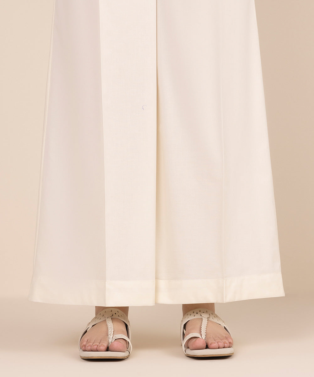 Women's RTW Cambric Off White Solid Flared Pants