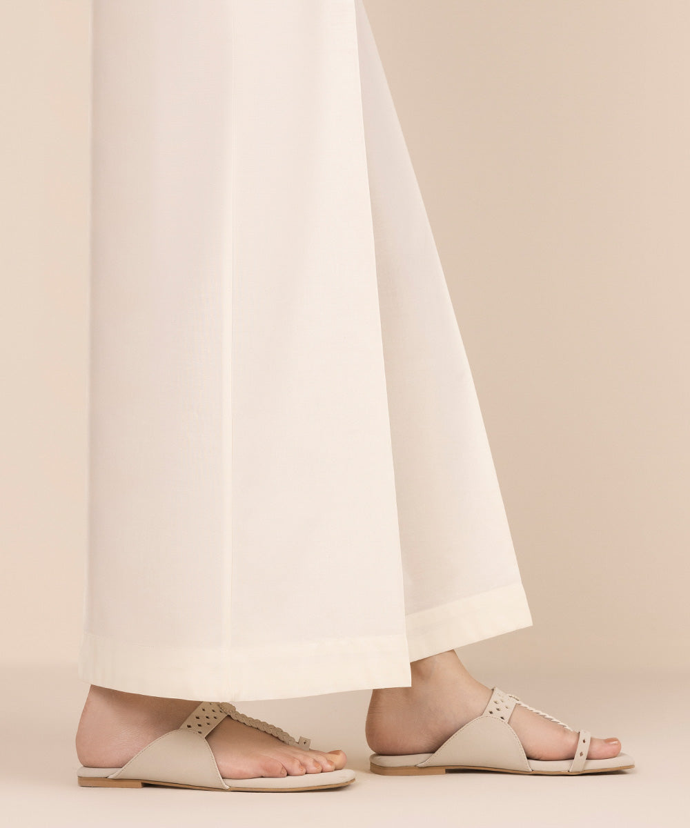 Women's RTW Cambric Off White Solid Flared Pants