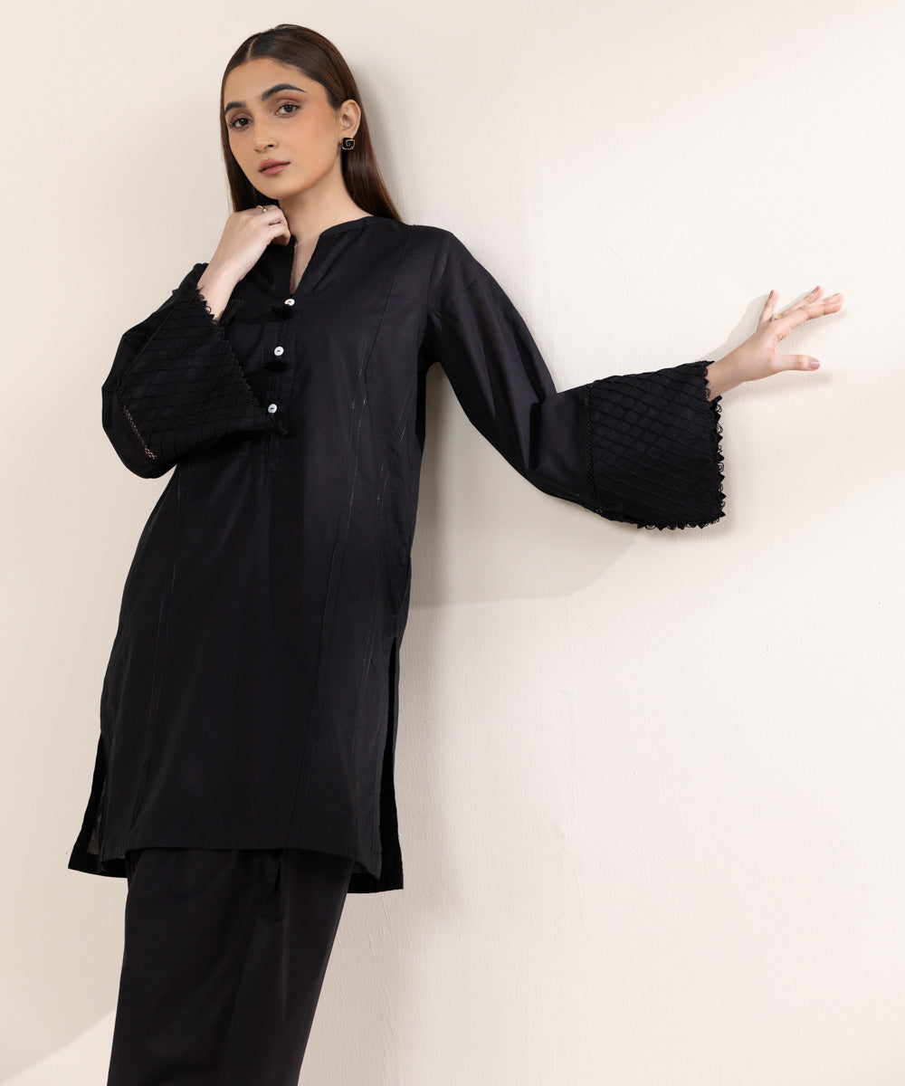 Women's RTW Lawn Black Solid A-Line Shirt