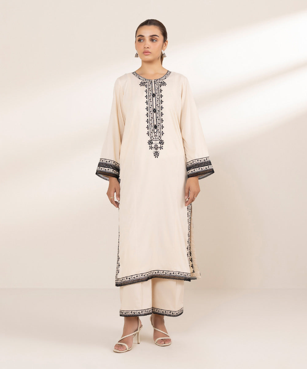 Women's RTW Arabic Lawn Off White Embroidered A-Line Shirt